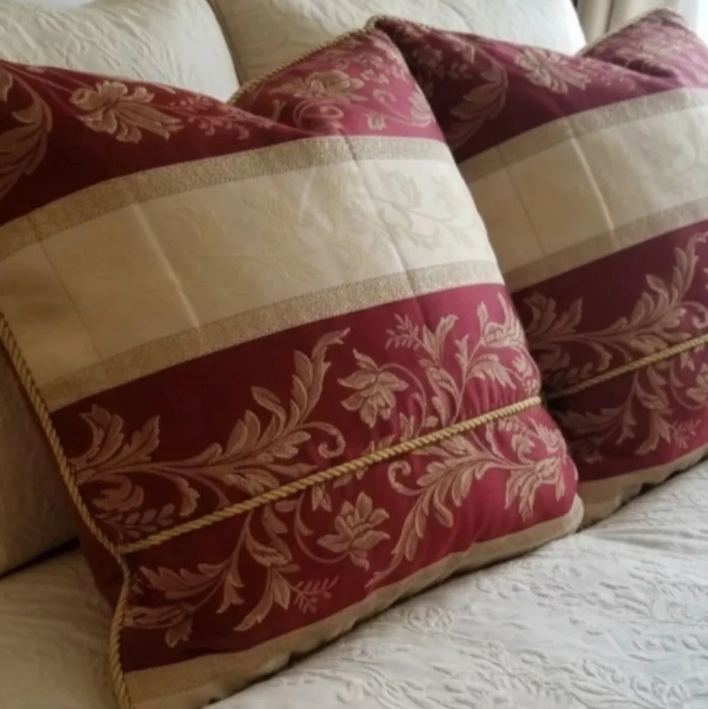 Shams Damask Print Gold & Burgundy Size Std/Queen w Gold bullion edges 29x22 Lux